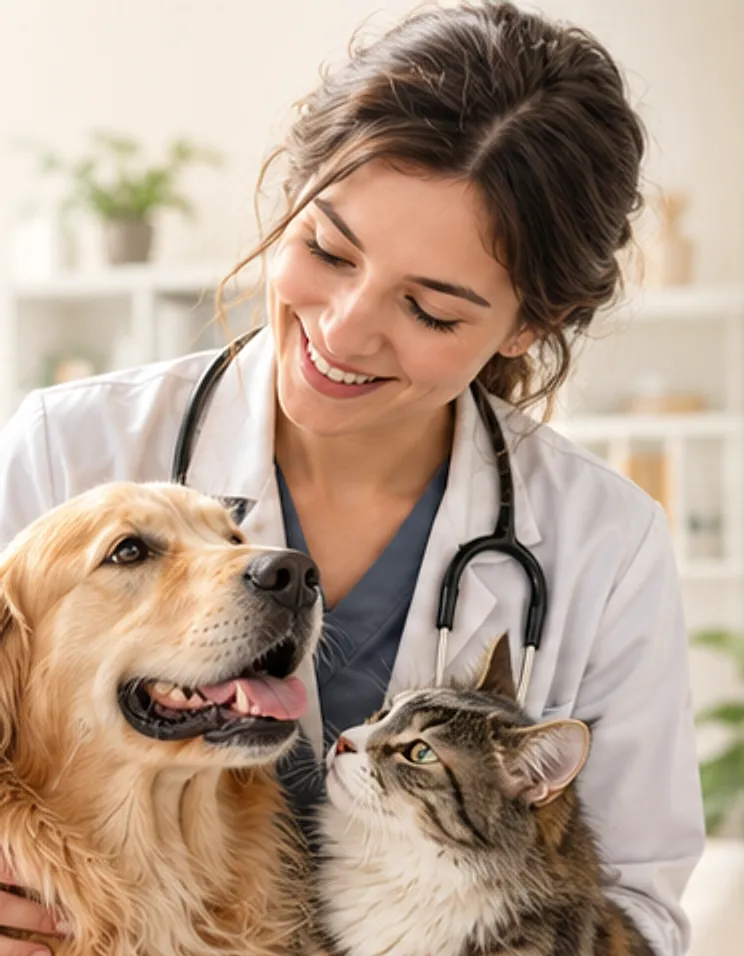 Medic veterinar zâmbitor cu un câine golden retriever și o pisică