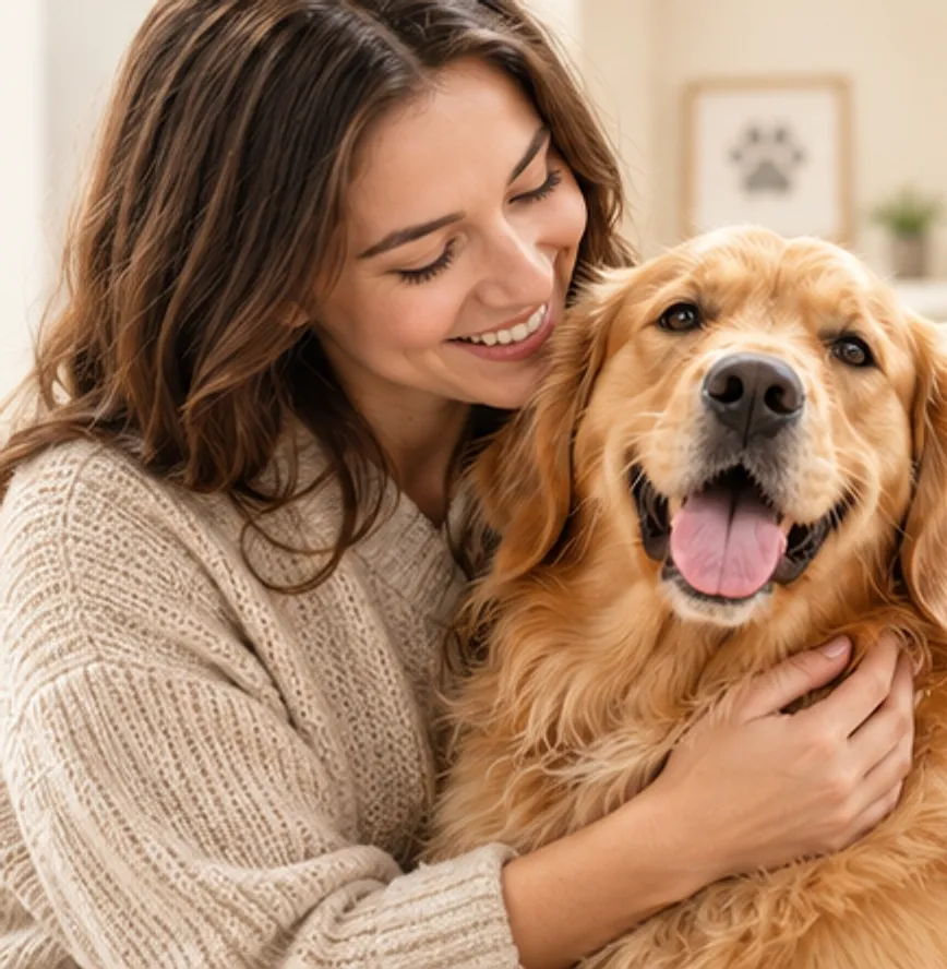 Stăpână îmbrățișându-și câinele golden retriever